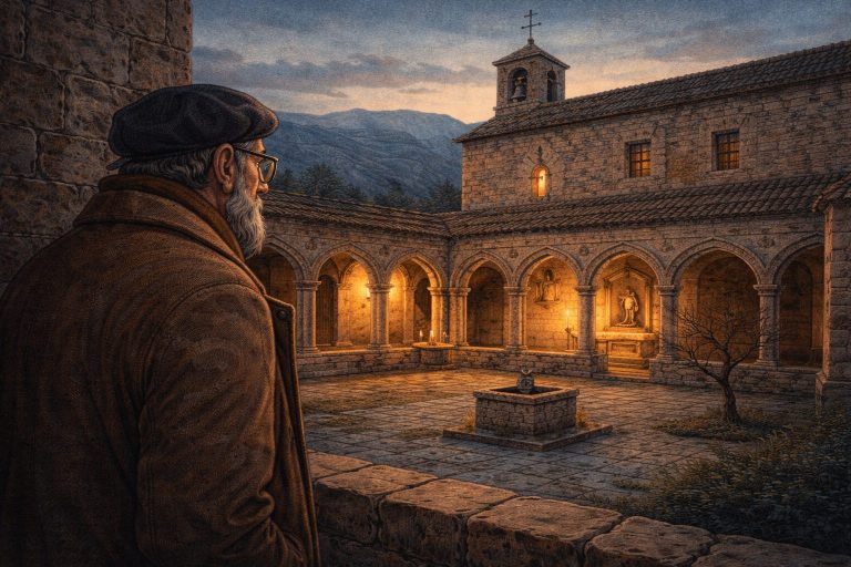 Ilustración de Pío Baroja contemplando el Convento de Santa Catalina en Mirambel, en el Maestrazgo de Teruel.