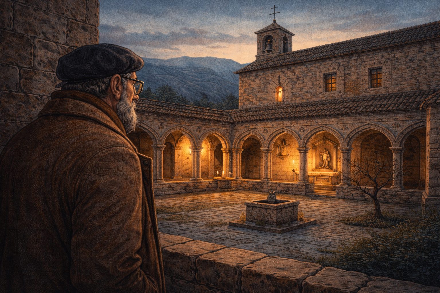 Ilustración de Pío Baroja contemplando el Convento de Santa Catalina en Mirambel, en el Maestrazgo de Teruel.