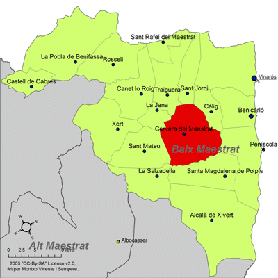 Cervera del Maestre en el mapa del Bajo Maestrat
