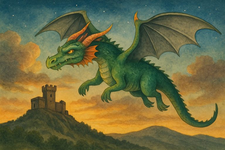 Ilustración del Drac de la Fram sobrevolando el castillo de Cervera del Maestre al atardecer, con ambiente místico y estilo Curioseando.