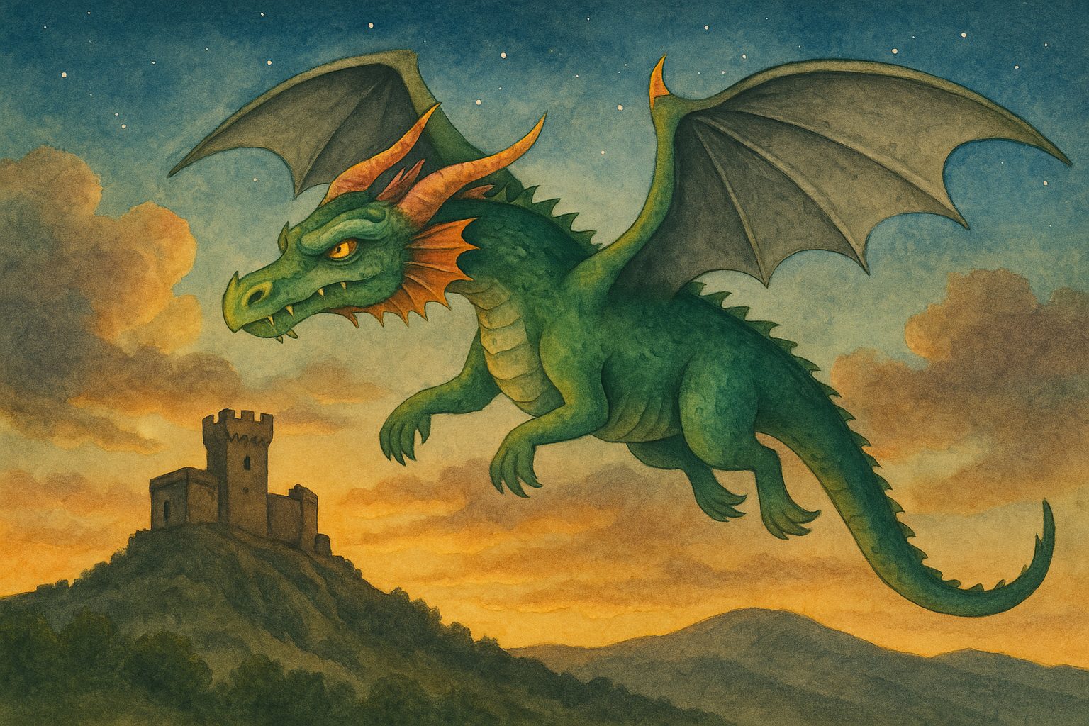 Ilustración del Drac de la Fram sobrevolando el castillo de Cervera del Maestre al atardecer, con ambiente místico y estilo Curioseando.