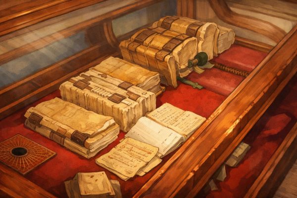 Ilustración de documentos y libros históricos hallados en el falso techo de la iglesia de Cálig, ocultos durante siglos.