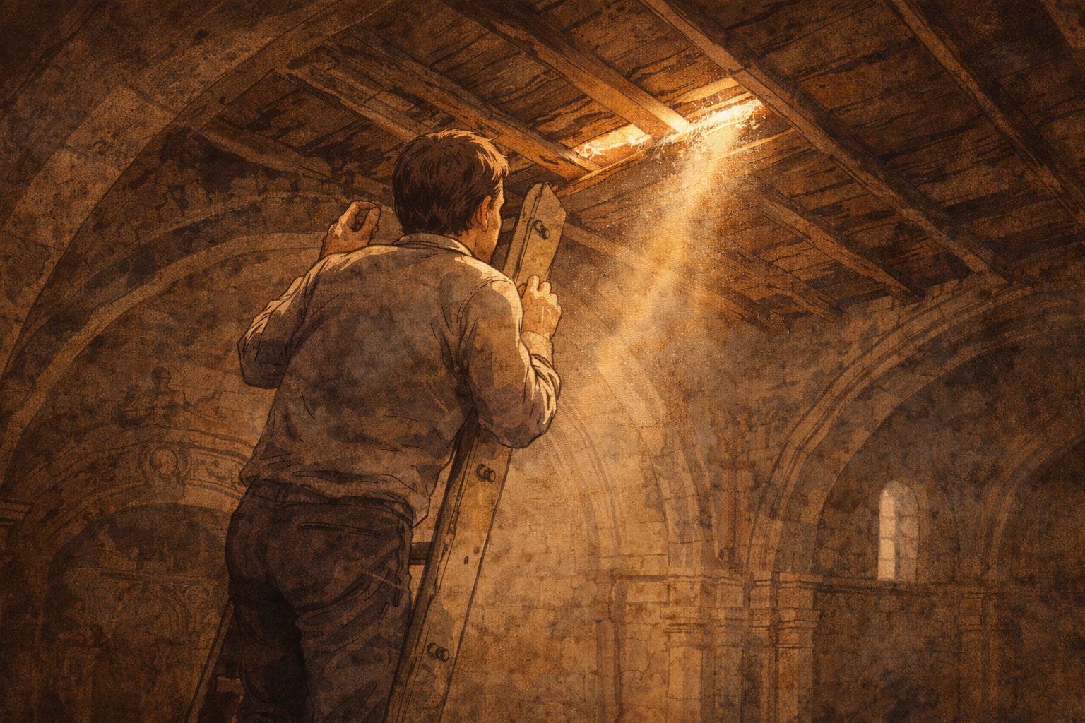 Ilustración de una persona descubriendo un falso techo en el interior de una iglesia histórica de Cálig, donde permanecieron ocultos documentos durante siglos.