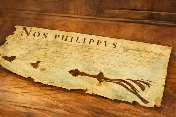 Ilustración de un pergamino real firmado por la monarquía hispánica, parte de los documentos hallados en la iglesia de Cálig.