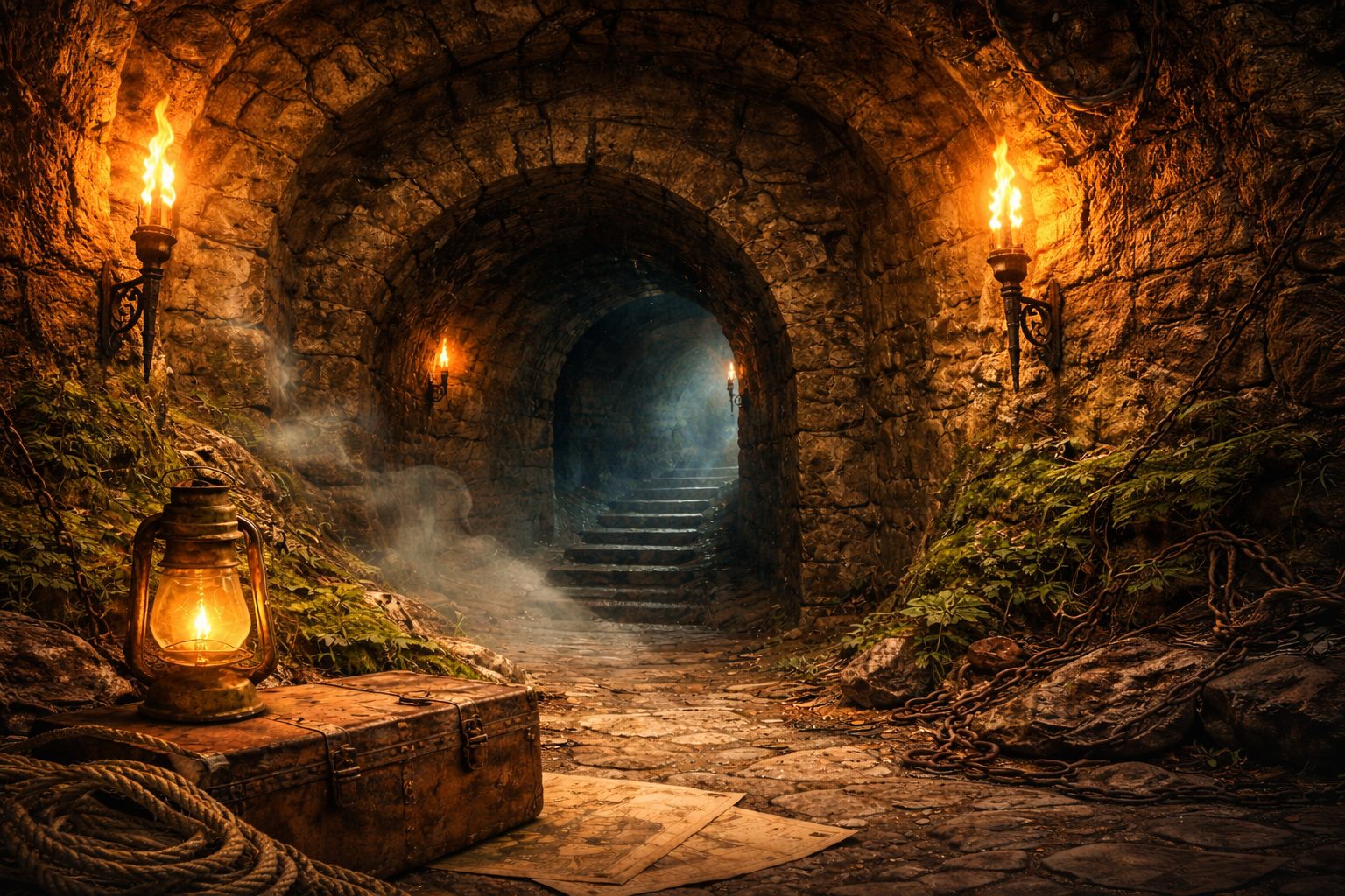 Ilustración evocadora de un túnel subterráneo del castillo de Cervera del Maestre iluminado por antorchas