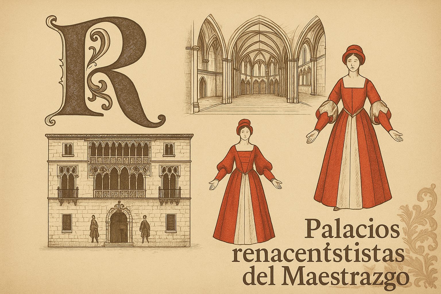 Ilustración en sepia de los palacios renacentistas del Maestrazgo con elementos arquitectónicos y figuras históricas.
