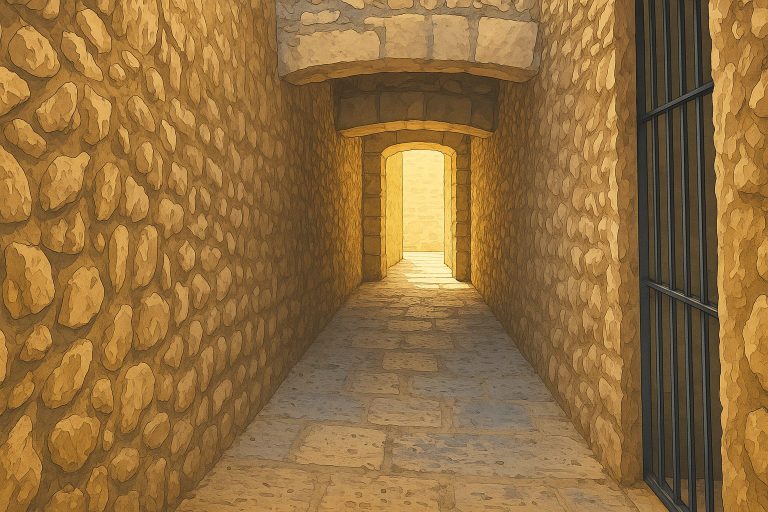 Ilustración del Callejón de los Secretos Judíos de San Mateo, un pasadizo histórico de piedra con luz al fondo