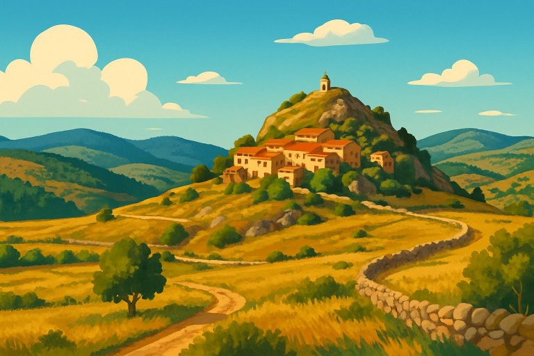 Ilustración de Castell de Cabres, el pueblo más pequeño de Castellón, situado sobre un cerro rodeado de montañas.