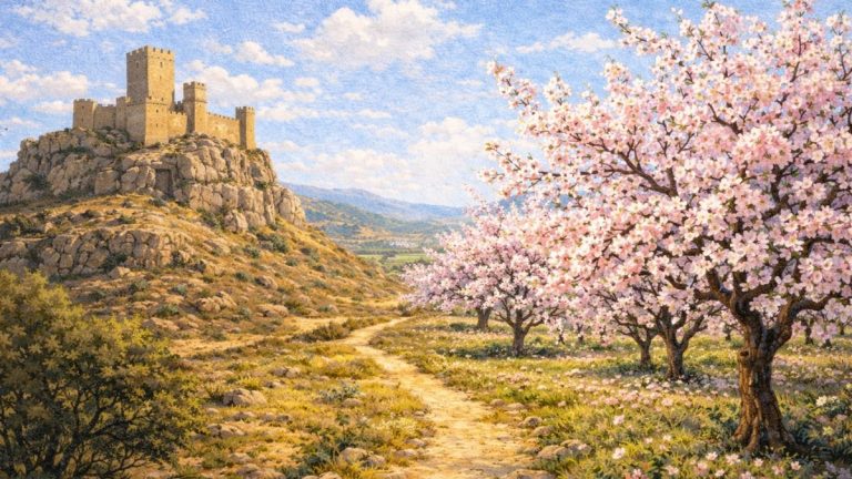 Almendros en flor en el Alto Maestrat con castillo medieval al fondo