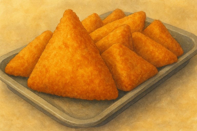 Ilustración de croquetas morellanas triangulares sobre bandeja, estilo artístico tradicional