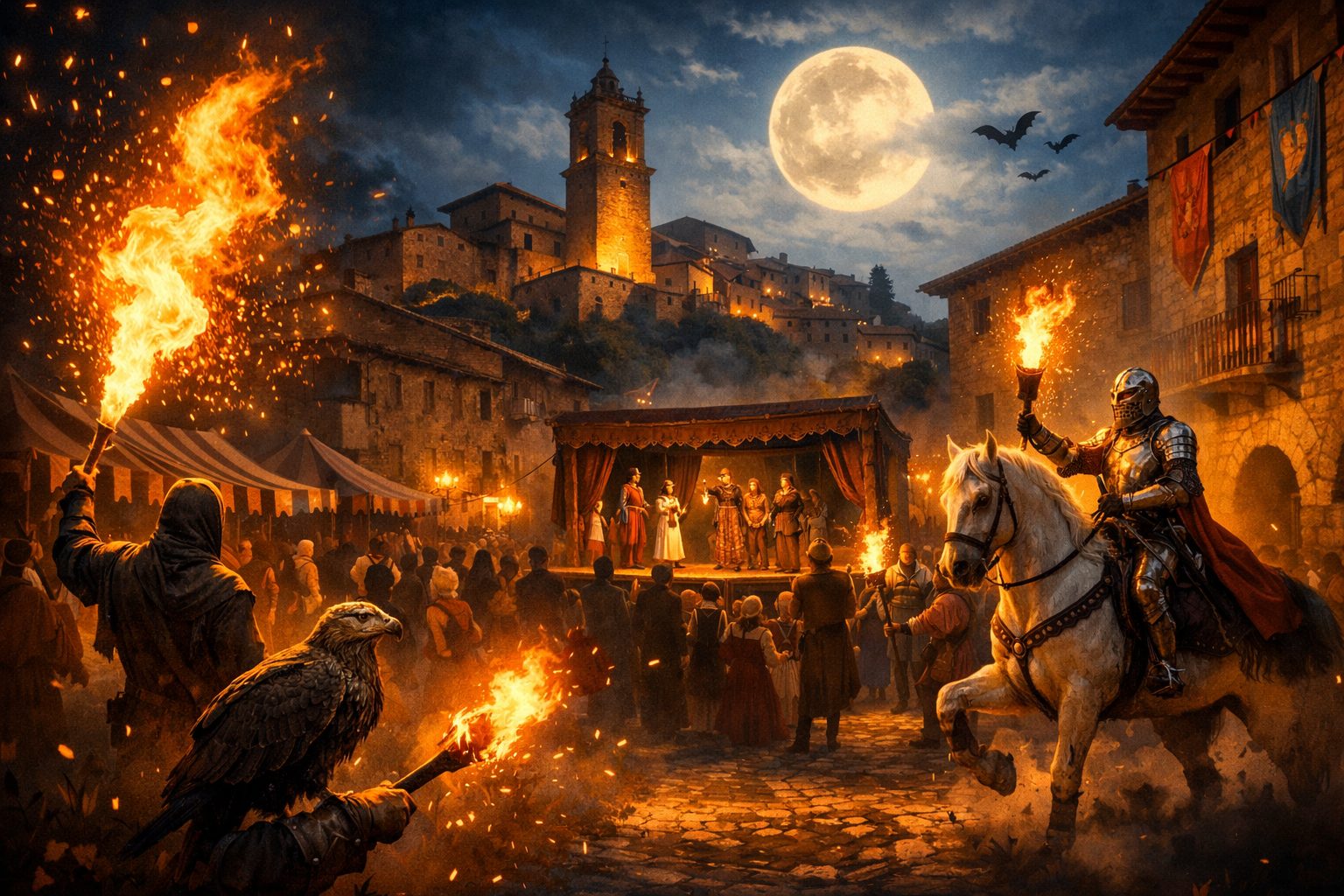 Ilustración artística de la Feria Luces y Sombras en La Iglesuela del Cid con espectáculo de fuego y ambiente medieval en el Maestrazgo