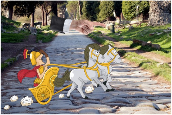 Caricatura de un romano en carro tirado por caballos recorriendo una antigua calzada romana, con una gran mano señalando el camino, representando el uso de los miliarios como señales en la Vía Augusta.