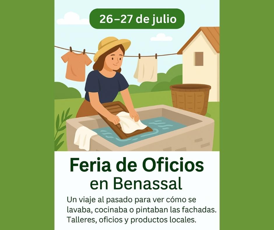 Ilustración de una mujer lavando ropa en un lavadero tradicional, con ropa tendida y paisaje rural, promocionando la Feria de Oficios de Benassal 2025 (26–27 de julio).