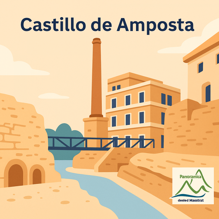 Una ilustración en estilo flat vector. Representa el Castillo de Amposta en ruinas, junto al río Ebro. A la derecha, muros de piedra antigua y silos ibéricos; al fondo, una chimenea de ladrillo y edificios modernos que representan la Escuela de Arte y la Biblioteca. Cielo claro, puente metálico sobre el antiguo foso. Colores cálidos, estilo sencillo y limpio, con logo de "Panorámica desde el Maestrat" en la esquina