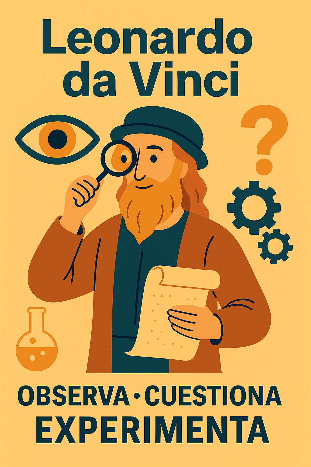 Leonardo da Vinci ilustrado en una escena cálida y divertida, rodeado de símbolos de observación, experimentación e inventos.