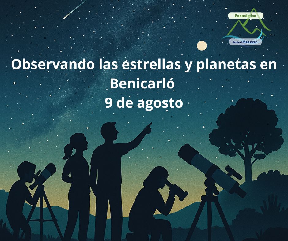 Grupo de personas participando en una observación astronómica en Benicarló el 9 de agosto, con telescopios y cielo estrellado.