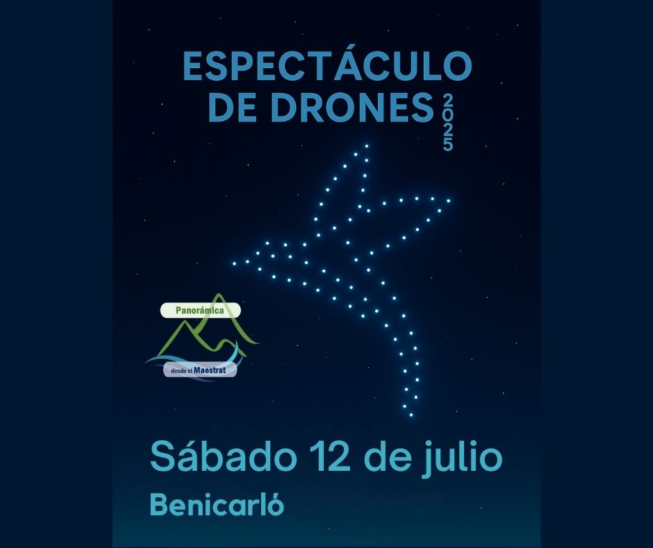 cartel del evento de espectáculo de drones de Benicarló con imagen de un pájaro y logo de Panorámica desde el Maestrat