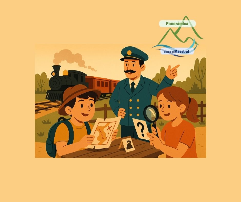 Niños resolviendo pistas junto al jefe de estación en el Parc del Trenet de Benicàssim