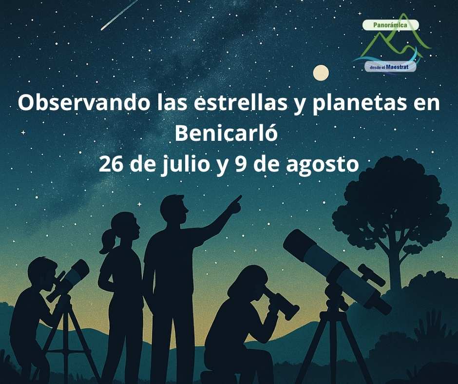 Grupo de personas participando en una observación astronómica en Benicarló el 26 de julio, con telescopios y cielo estrellado.