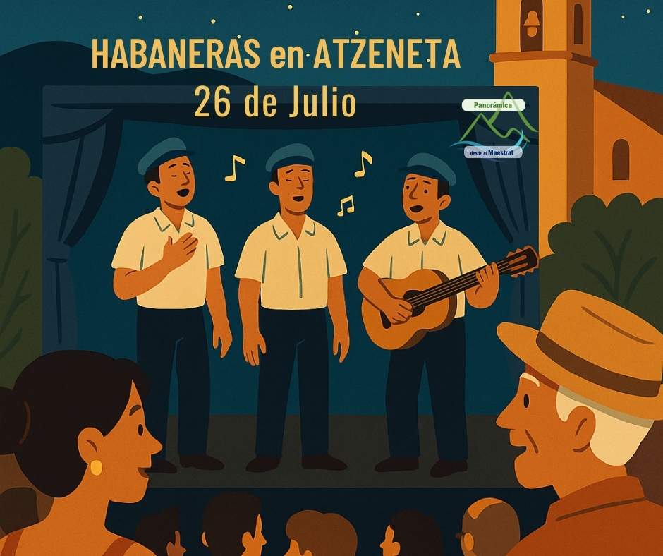 Ilustración de una noche musical en Atzeneta del Maestrat con un escenario al aire libre, músicos interpretando habaneras y un público disfrutando bajo las estrellas.