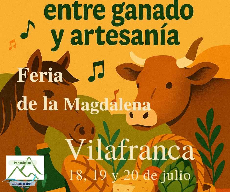 Ilustración de la Feria de la Magdalena de Vilafranca 2025, con caballo, vaca, cesta de productos locales y decoración festiva sobre fondo cálido con logo de Panorámica desde el Maestrat
