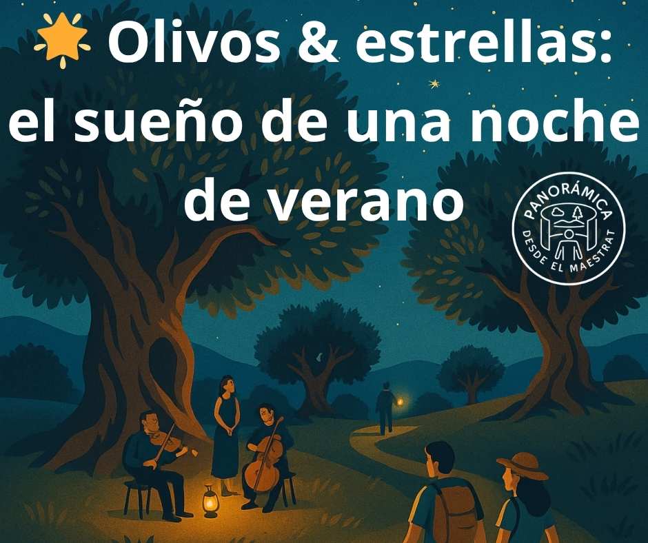 Ilustración de una noche estrellada en el campo con olivos monumentales, personas caminando con linternas y un pequeño concierto en medio de la naturaleza con logo de Panorámica desde el Maestrat