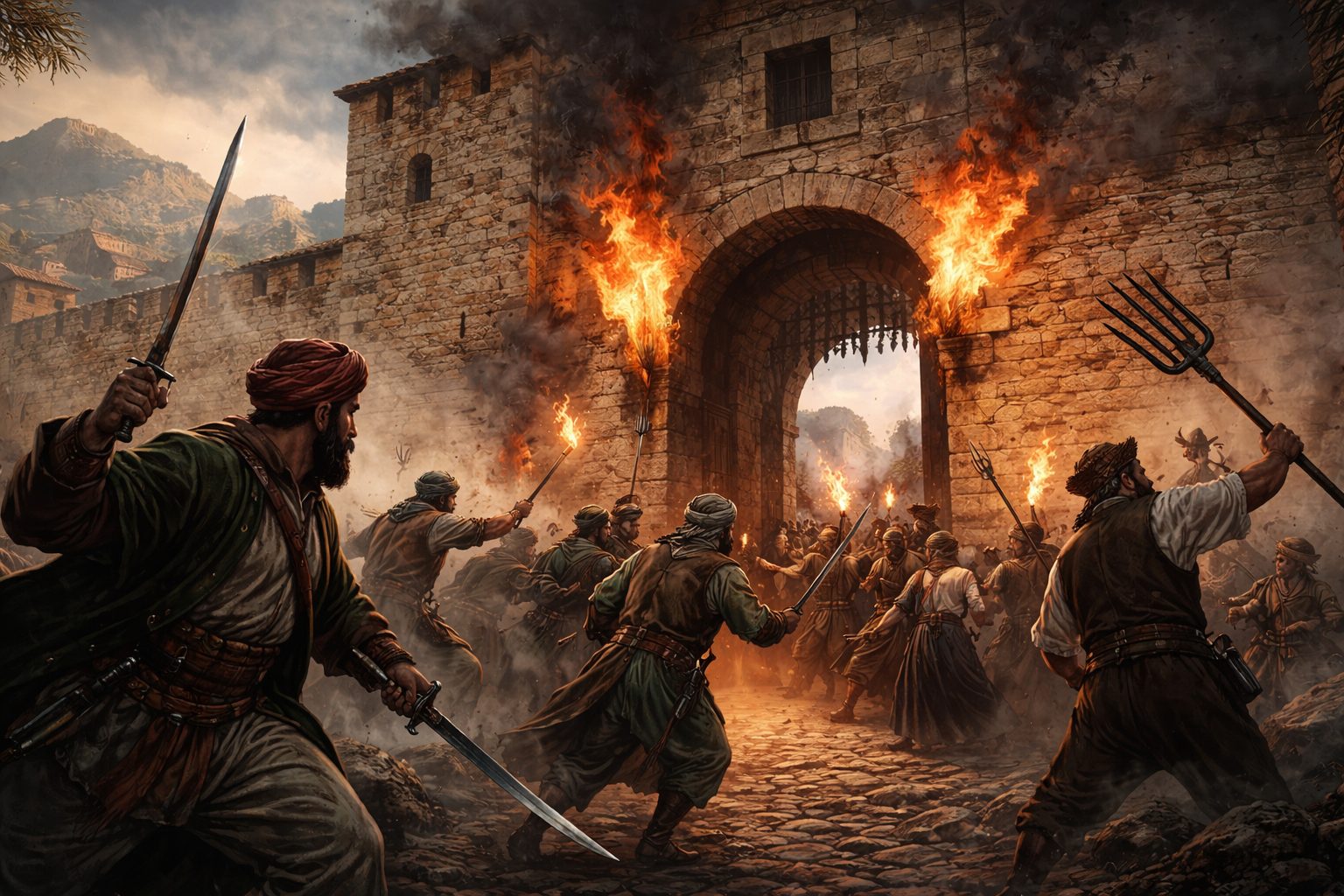 Ilustración del ataque de 500 piratas a Alcalà de Xivert en 1547 junto al Portal de San Juan