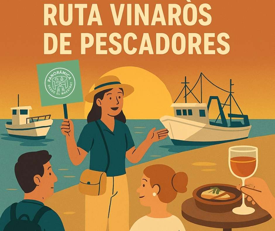 Ilustración de una ruta guiada en el puerto pesquero de Vinaròs, con barcos, guía turística y degustación marinera al atardecer con el logo de Panorámica desde el Maestrat