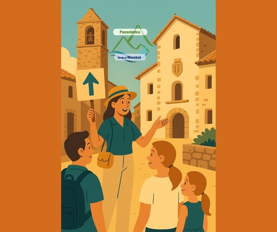 Personas haciendo una visita guiada en Atzeneta del Maestrat, con guía explicando y arquitectura típica de fondo.