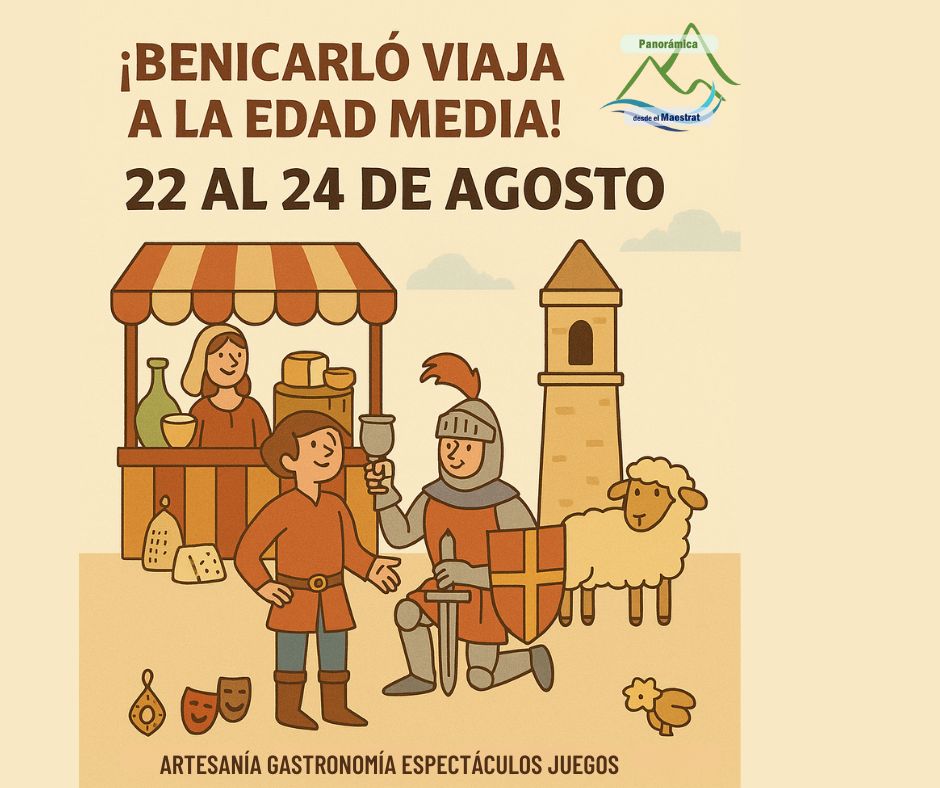 Ilustración medieval del mercado de Benicarló con artesanos, caballero, oveja y torre, del 22 al 24 de agosto.
