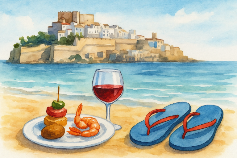 Ilustración de chanclas, copa de vino y tapas en la playa con el castillo de Peñíscola al fondo – Ruta Gastronómica Chanclas y Tapas 2025