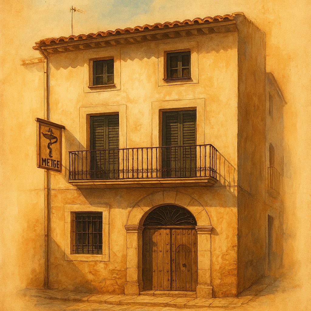 Ilustración de la Casa del Metge en Alcalà de Xivert, edificio histórico con fachada mediterránea y cartel médico.