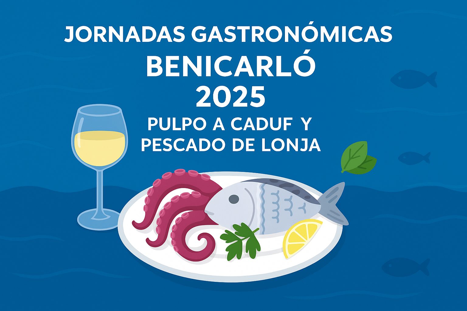 Ilustración gastronómica de pulpo y pescado para las Jornadas Gastronómicas Benicarló 2025, estilo digital plano.