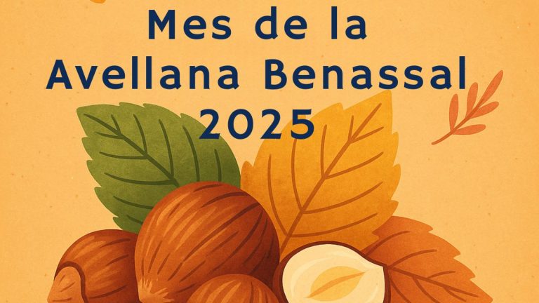 Ilustración del Mes de la Avellana en Benassal 2025 con avellanas, paisaje otoñal.