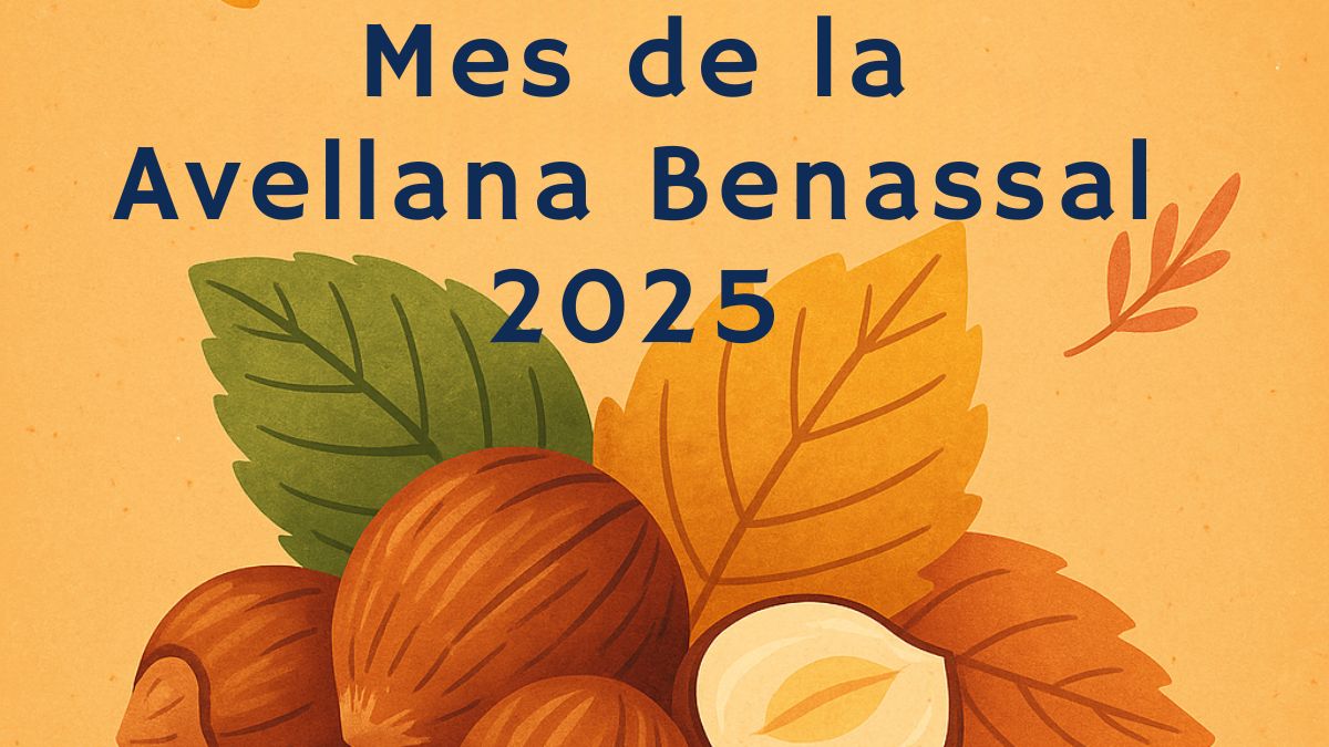 Ilustración del Mes de la Avellana en Benassal 2025 con avellanas, paisaje otoñal.