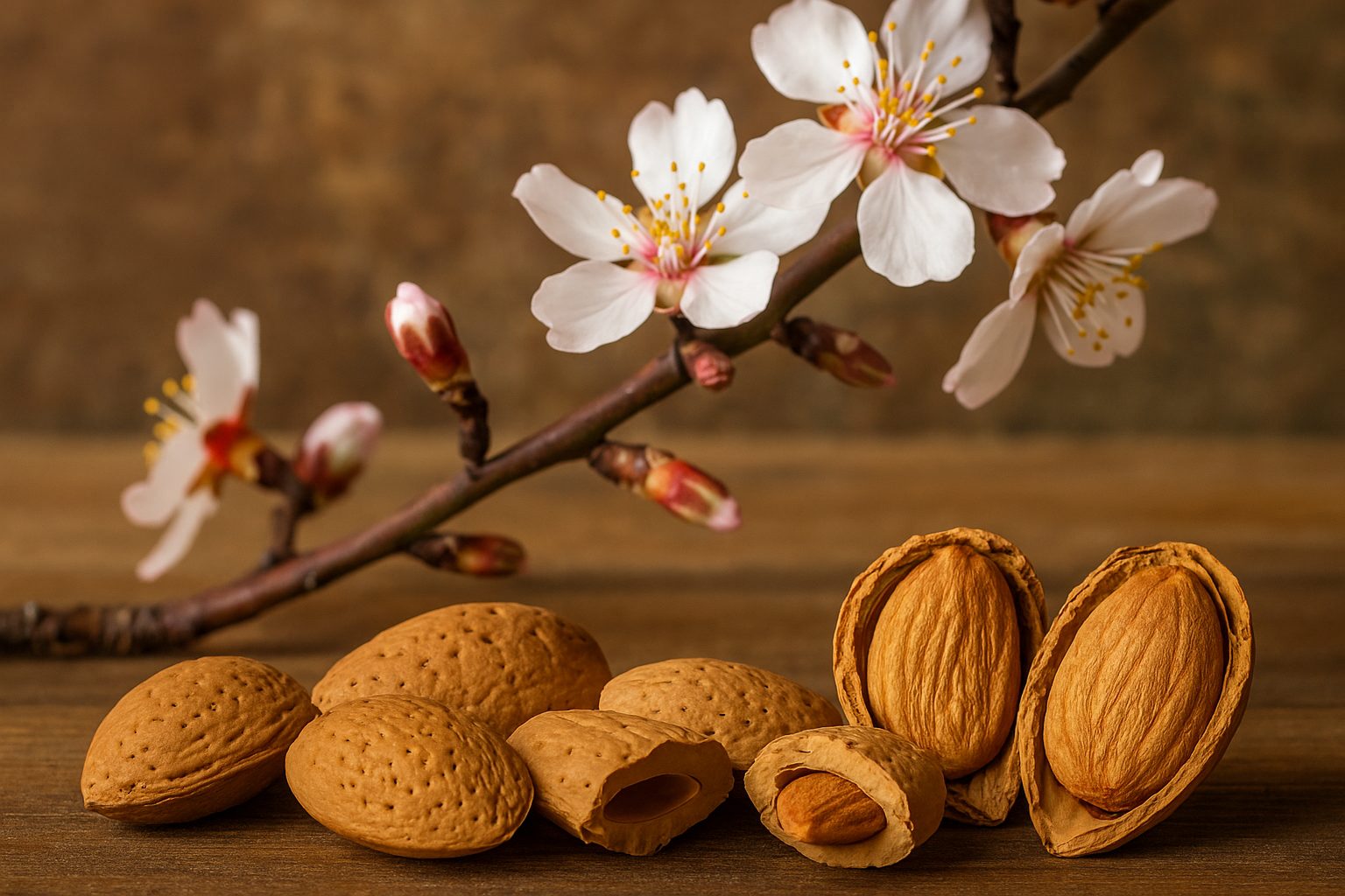 Almendras abiertas y flores de almendro, símbolo de la Feria de la Almendra de Albocàsser 2025.