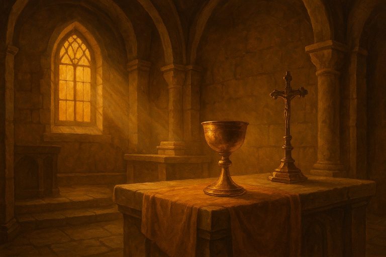 Interior de iglesia con cáliz y cruz procesional, símbolo del arte sacro de Alcalà de Xivert que sobrevivió al expolio de 1936.