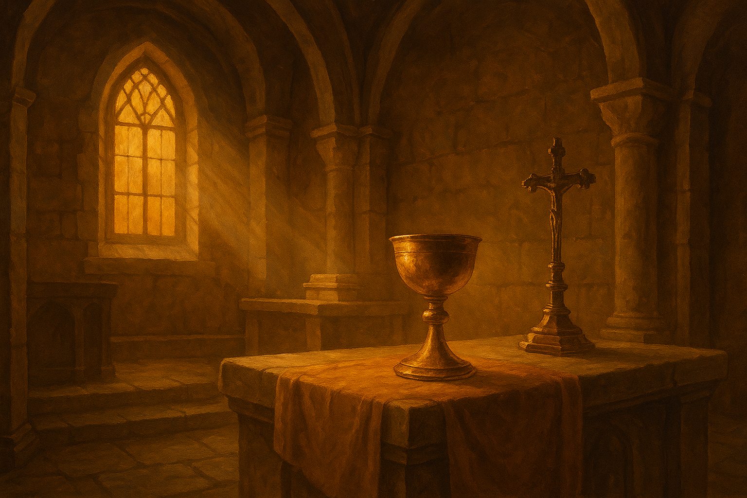 Interior de iglesia con cáliz y cruz procesional, símbolo del arte sacro de Alcalà de Xivert que sobrevivió al expolio de 1936.