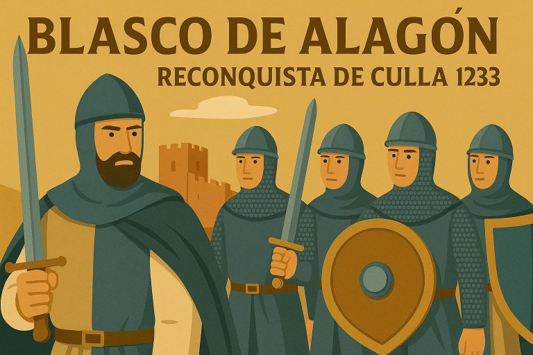 Ilustración artística de Blasco de Alagón y sus caballeros durante la reconquista de Culla en 1233, con castillo de fondo y estética medieval en tonos cálidos, creada para el artículo de Curioseando.