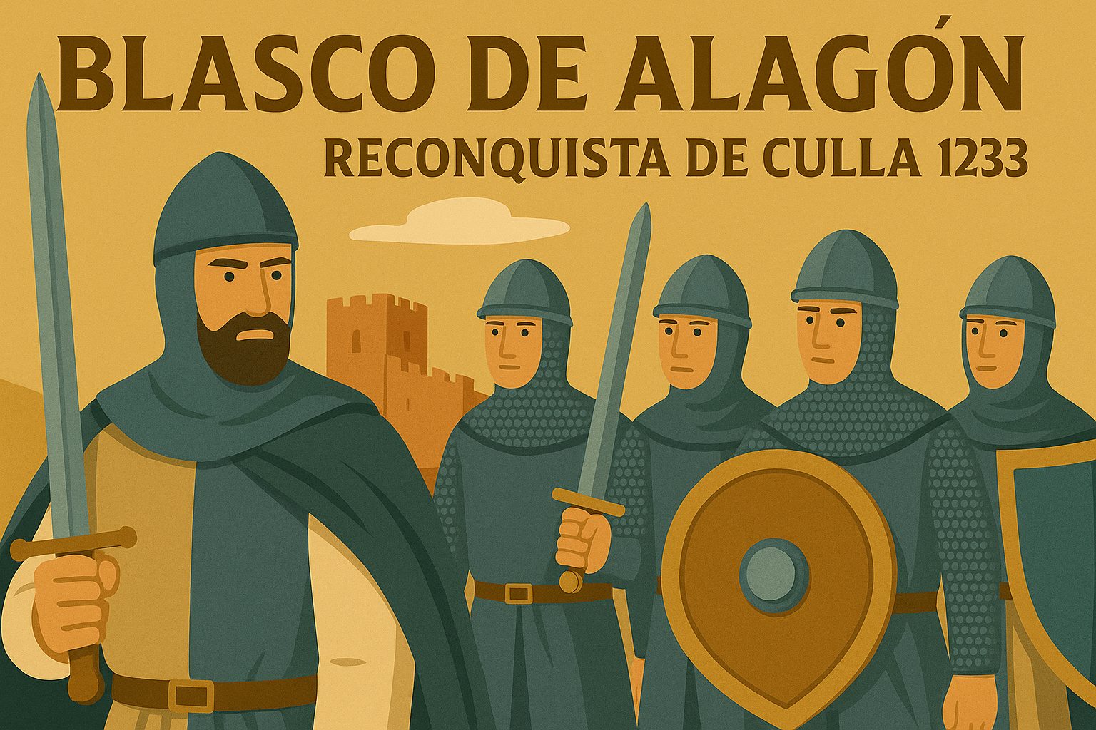 Ilustración artística de Blasco de Alagón y sus caballeros durante la reconquista de Culla en 1233, con castillo de fondo y estética medieval en tonos cálidos, creada para el artículo de Curioseando.