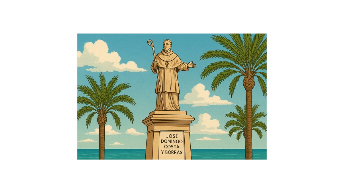 Estatua del arzobispo José Domingo Costa y Borrás en Vinaròs, frente al mar y rodeada de palmeras