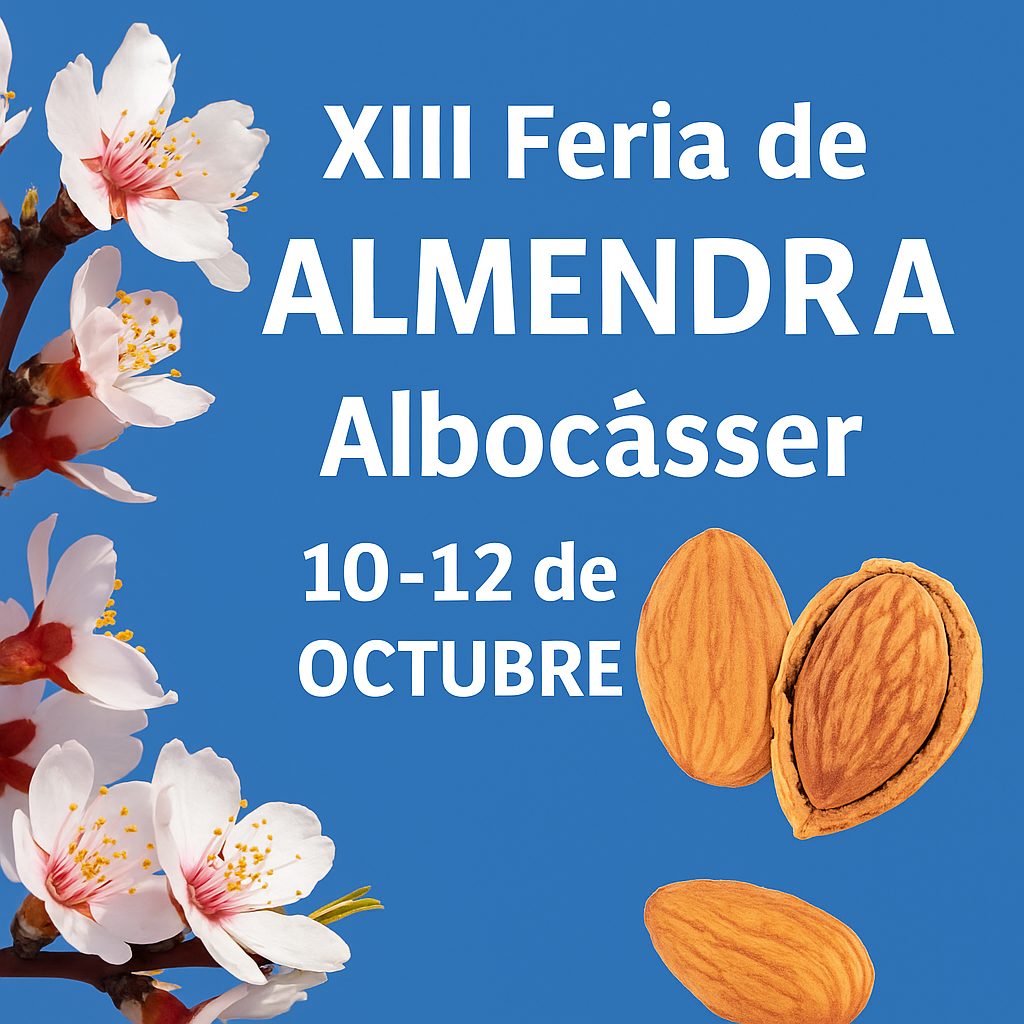 Cartel promocional de la XIII Feria de la Almendra de Albocàsser 2025 con flores y almendras abiertas, diseño creado por Panorámica desde el Maestrat.