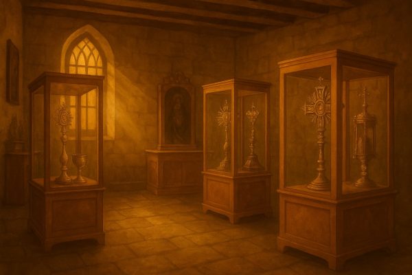 Ilustración digital del museo parroquial de arte sacro de Alcalà de Xivert con vitrinas de orfebrería y luz cálida dorada.