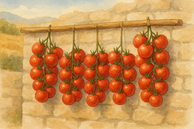 Ilustración de racimos de Tomate de Penjar de Alcalà de Xivert colgados en una pared de piedra, variedad autóctona del Bajo Maestrat.
