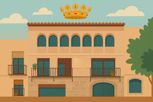 Ilustración de la Casa del Barón de Herbés en Vinaròs, edificio histórico vinculado al Castillo de Herbés y reformado con ventanales de arcos y balcones de hierro.