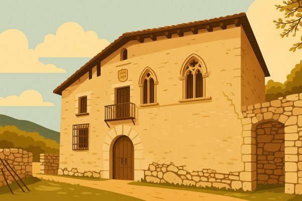 Ilustración digital del Castillo-Palacio de Herbés, con ventanales góticos y arco de medio punto en la fachada principal, en un entorno natural de Los Puertos de Morella.