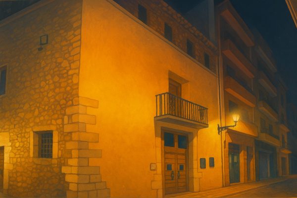 Ilustración digital de la antigua prisión de Benicarló, con su fachada amarilla y muros de piedra iluminados al atardecer.