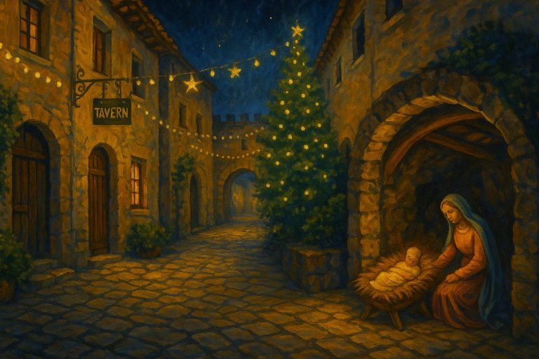 Ilustración navideña del Belén de Altura 2025 en la calle del Portillo, con luces, ambiente nocturno y escena del belén.