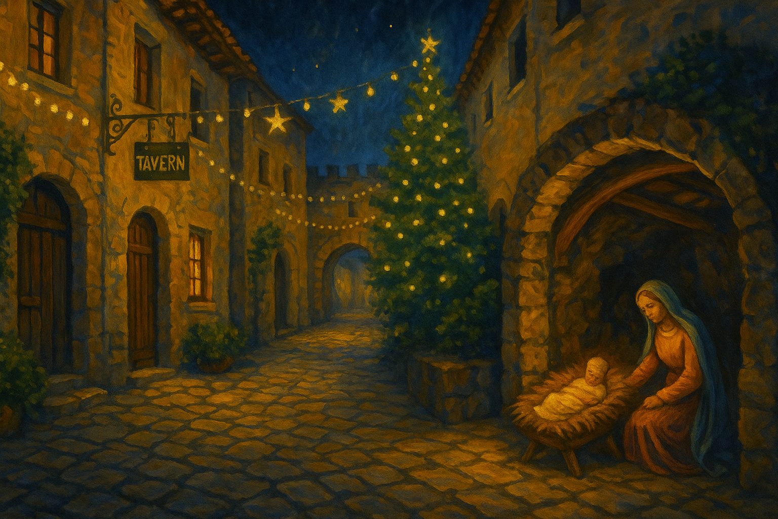 Ilustración navideña del Belén de Altura 2025 en la calle del Portillo, con luces, ambiente nocturno y escena del belén.