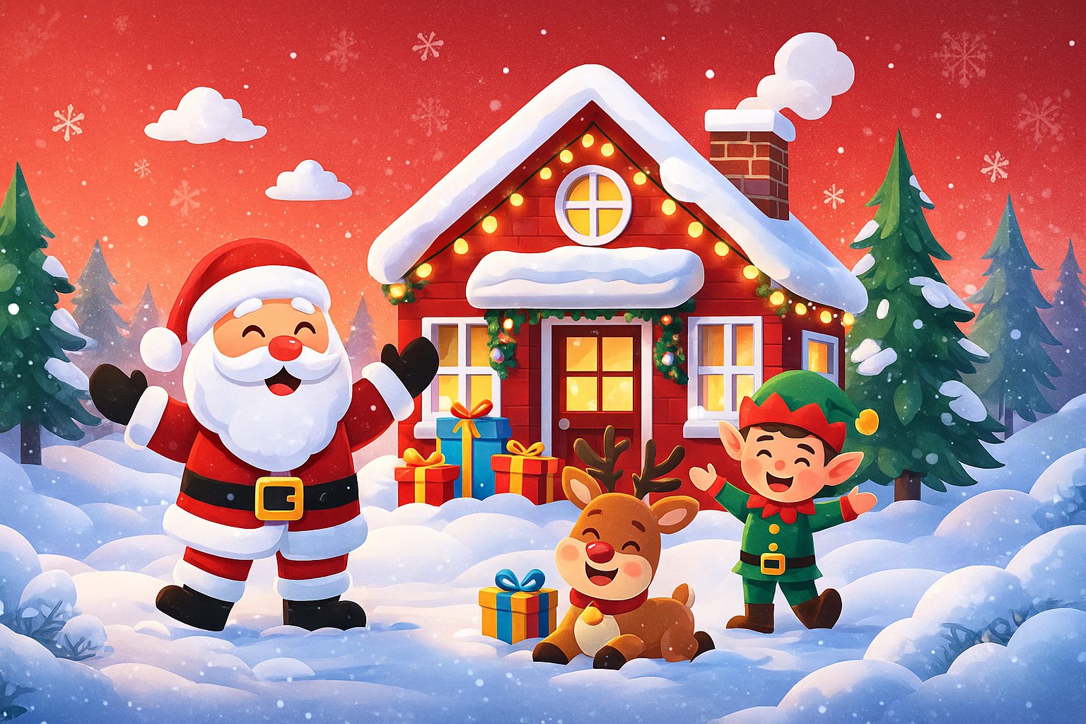 Ilustración navideña con la Casa de Papá Noel en Benicarló, rodeada de nieve, un elfo y un reno en un ambiente festivo